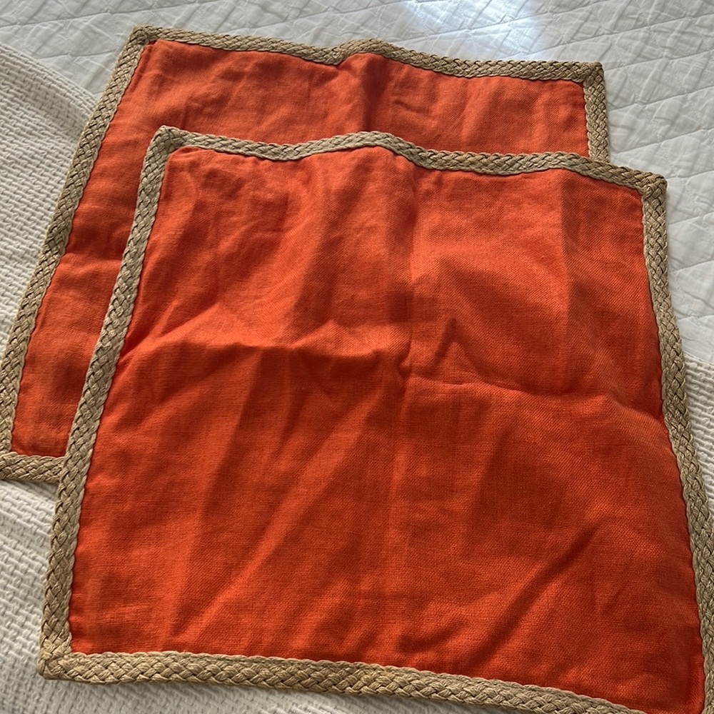 (2) Pottery Barn Orange Linen 20x20 pillow covers - like new
